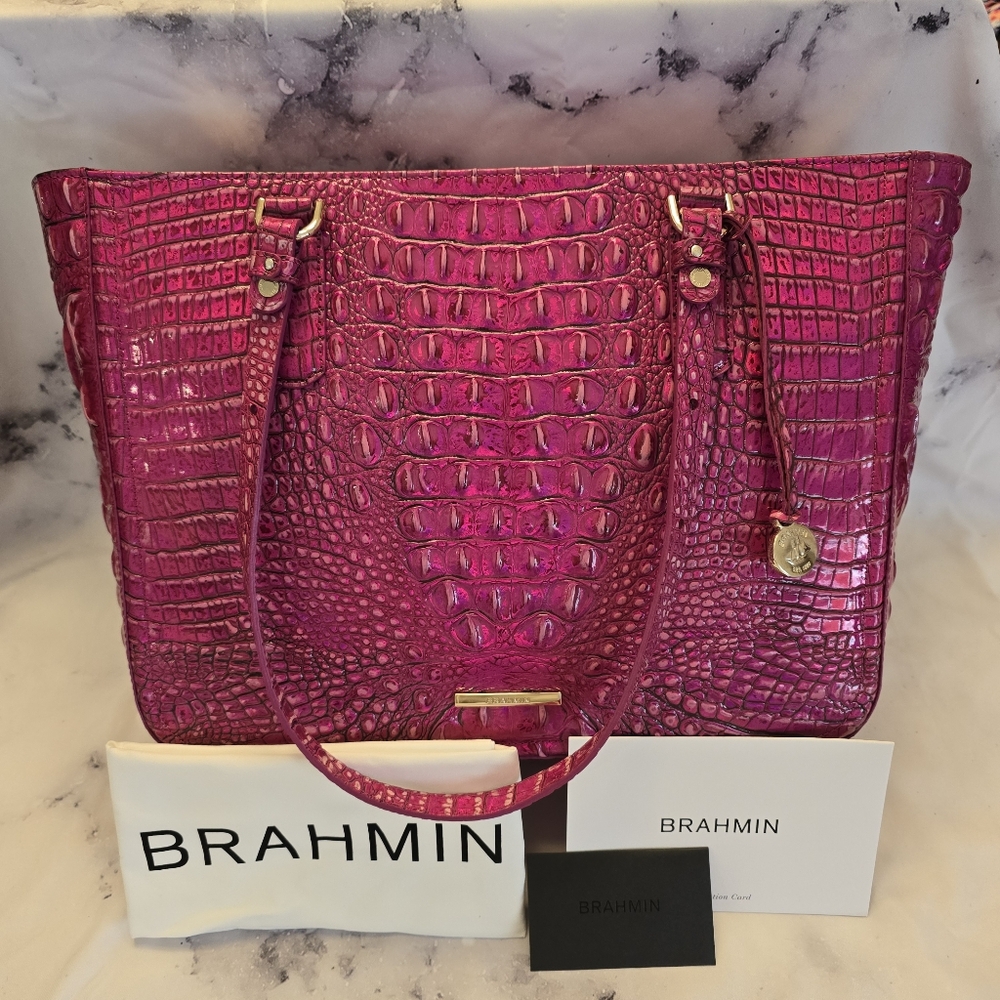 NWT Brahmin Ashlee Large Tote Bag in Potion Pink Melbourne Croc Embossed Leather